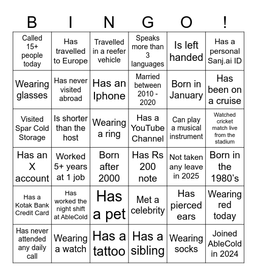 AbleCold Logistics Bingo Card