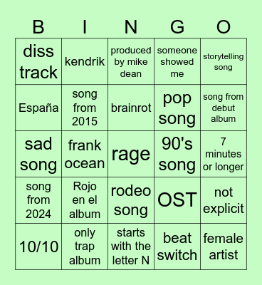spotify Bingo Card