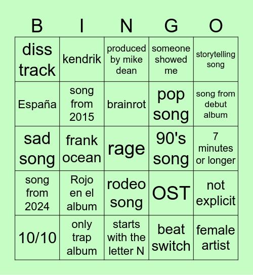 spotify Bingo Card
