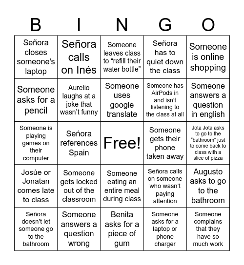 Spanish Class Bingo Card