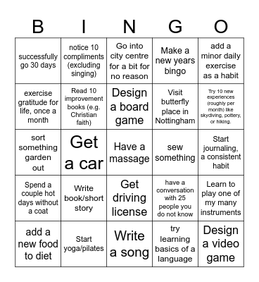 Year Potential Goals Bingo Card