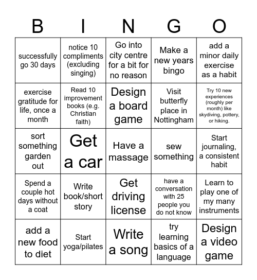 Year Potential Goals Bingo Card