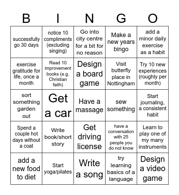 Year Potential Goals Bingo Card