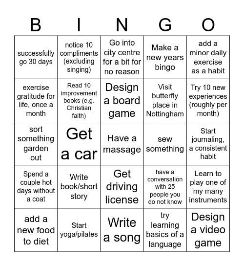 Year Potential Goals Bingo Card