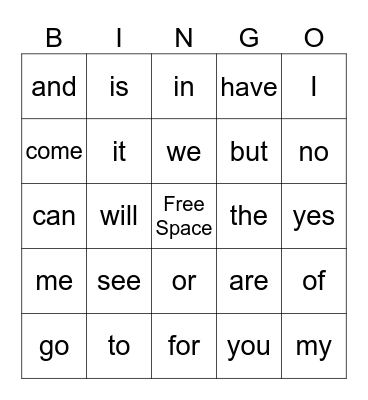 Sight Word Bingo Card