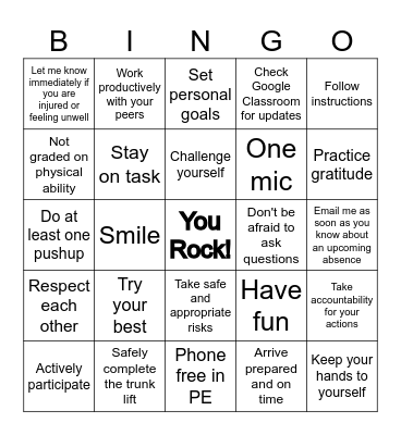 PE CLASS BINGO Card