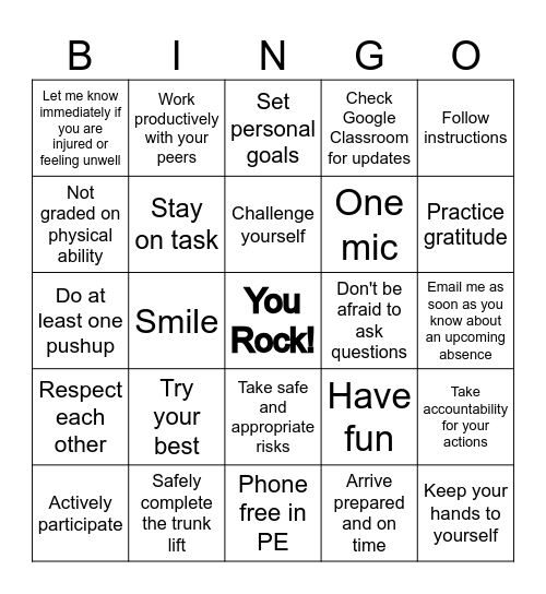 PE CLASS BINGO Card