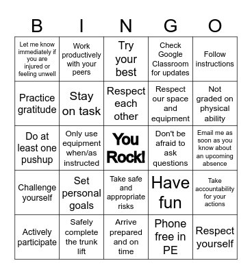 PE CLASS BINGO 2 Bingo Card
