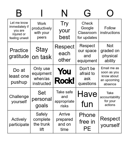 PE CLASS BINGO 2 Bingo Card