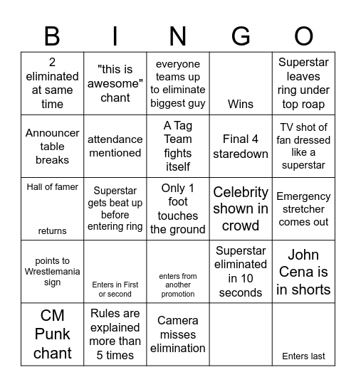 Royal Rumble BINGO Card