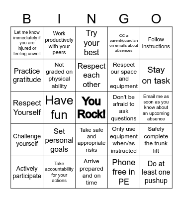 PE CLASS BINGO 3 Bingo Card