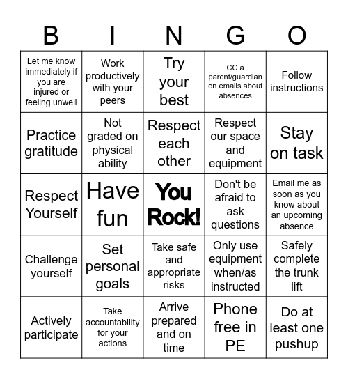 PE CLASS BINGO 3 Bingo Card