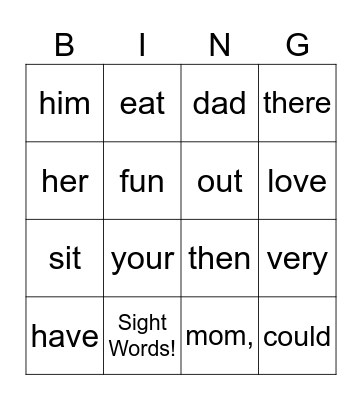 Sight Words Bingo Card
