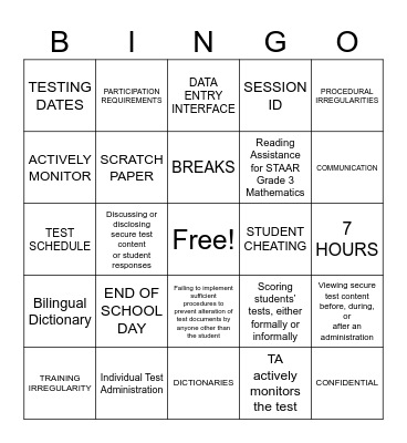 STAAR TRAINING Bingo Card
