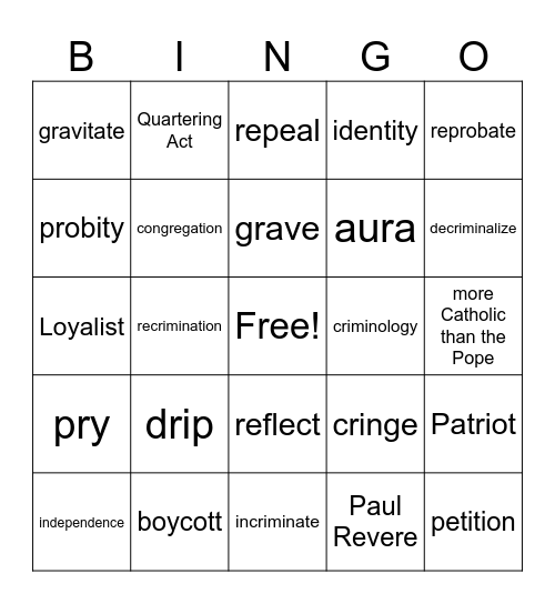 Vocabulary Review Bingo Card