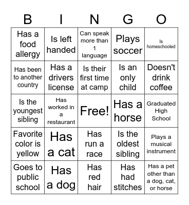 Find the Camper Bingo Card