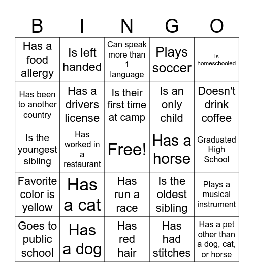 Find the Camper Bingo Card