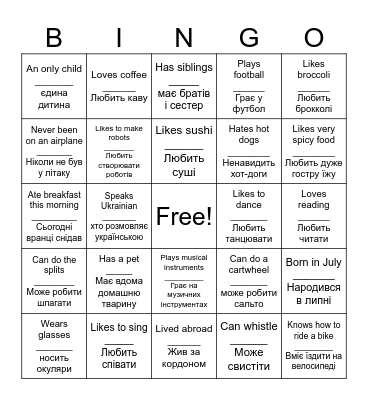 Ukrainian & English Human Bingo Card
