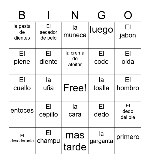 spanish Bingo Card