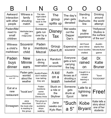 Disney World Vacation Bingo Card