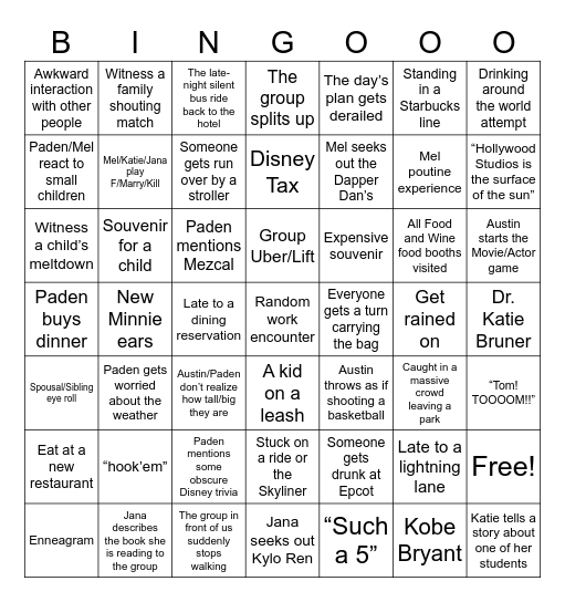 Disney World Vacation Bingo Card