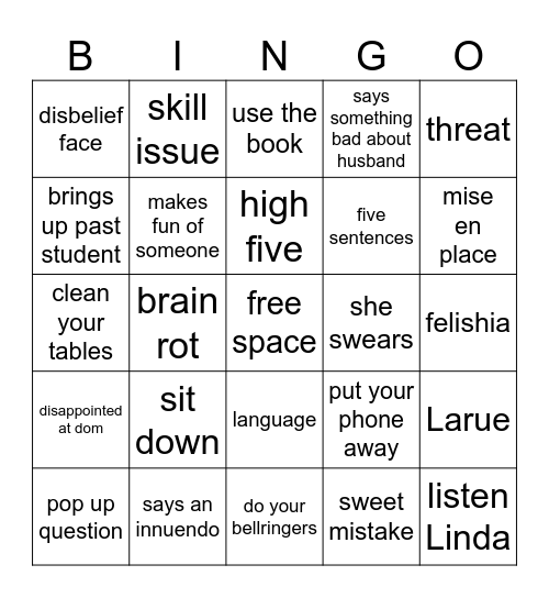 chefs bingo board Bingo Card