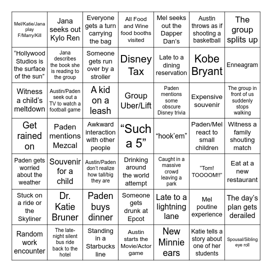 Disney World Vacation Bingo Card