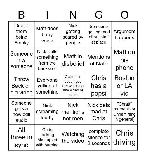 Sturniolo Triplet Bingo Card