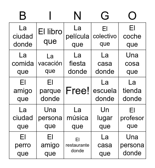 Adjective Clauses Bingo Card