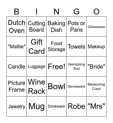 Mattie's Bridal Shower Gift Bingo Card