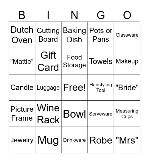 Mattie's Bridal Shower Gift Bingo Card