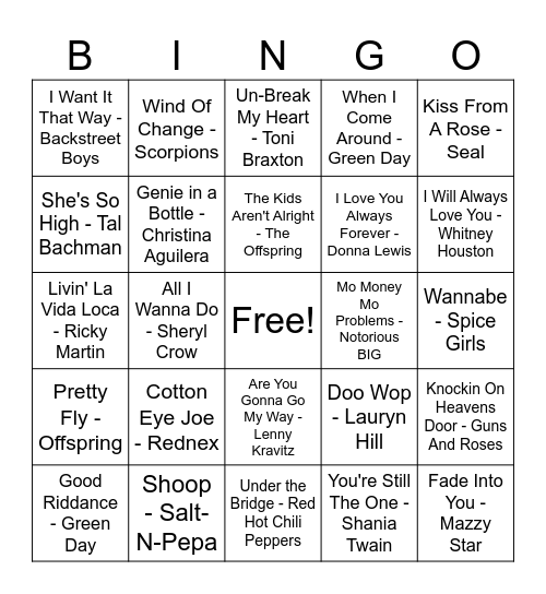 90's Jams 2 music bingo Card