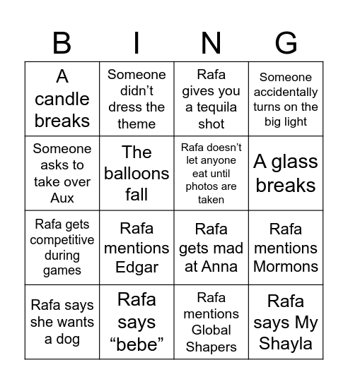 Rafa Bingo Card