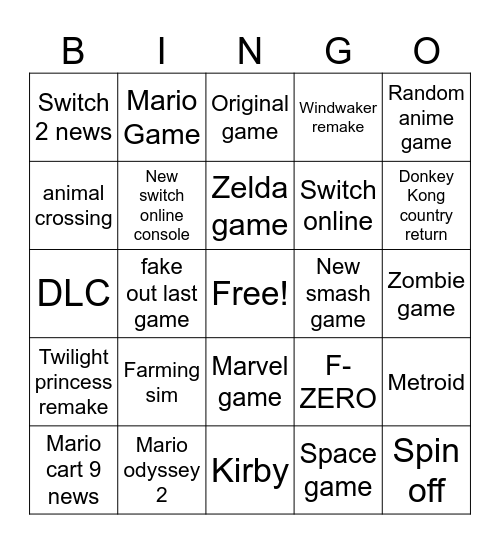 Nindendo bingo Card