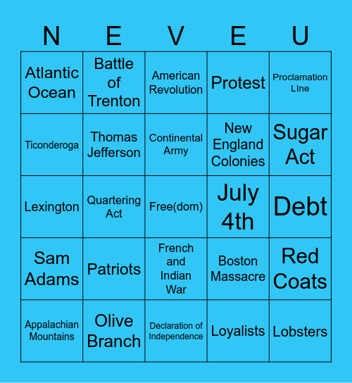 American Revolution Bingo Card