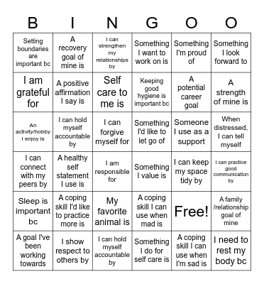 Life Skills Bingo Card