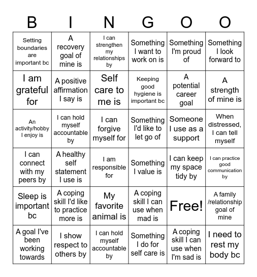 Life Skills Bingo Card