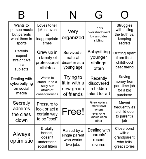 Character Factor Bingo Card