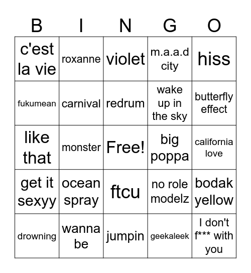 round 3 - rap songs Bingo Card