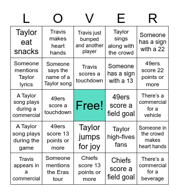 Taylor/Travis Super Bowl Bingo Card