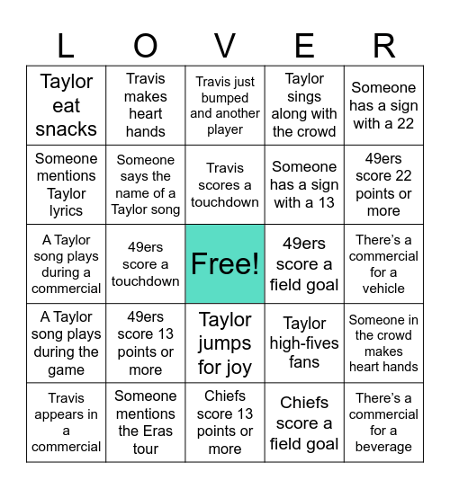 Taylor/Travis Super Bowl Bingo Card