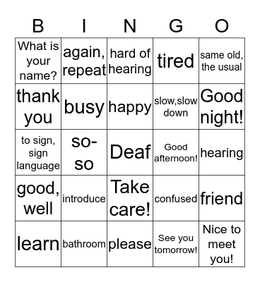 Greetings! Bingo Card