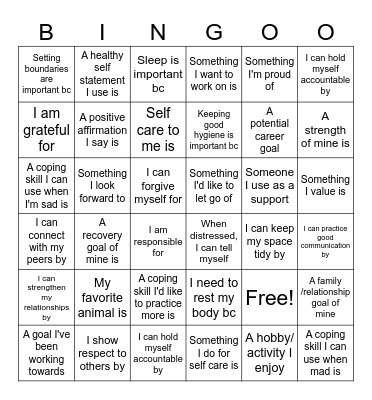 Life Skills Bingo Card