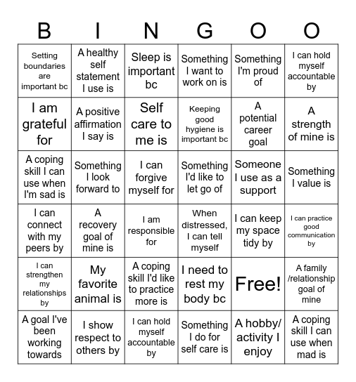 Life Skills Bingo Card