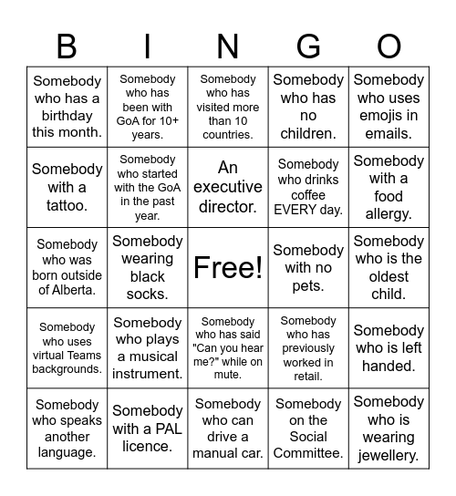 SSII Bingo Card
