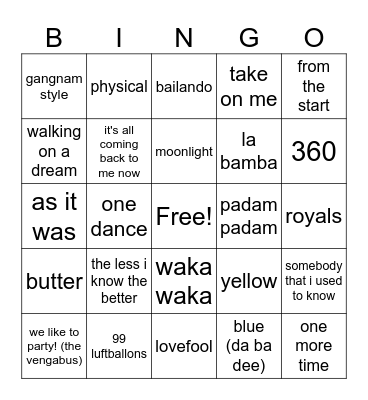 round 6 - global hits Bingo Card