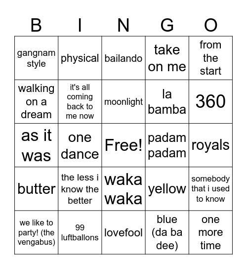 round 6 - global hits Bingo Card