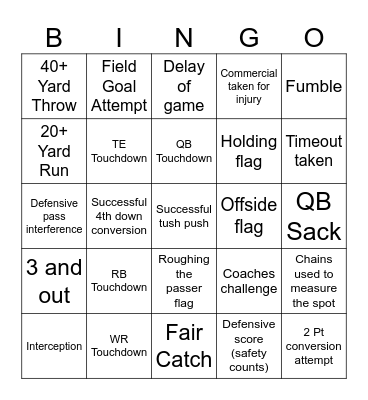 Superbowl Bingo Card