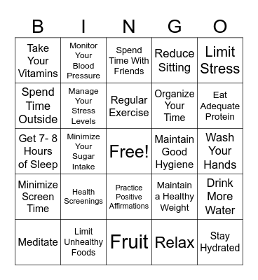 Healthy Living Bingo Card