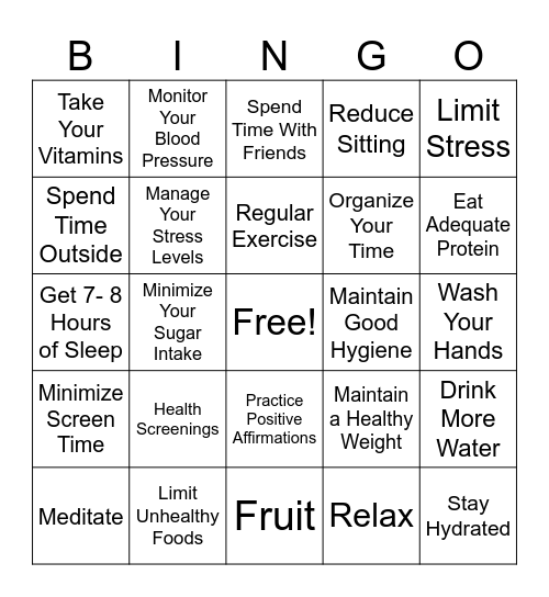 Healthy Living Bingo Card